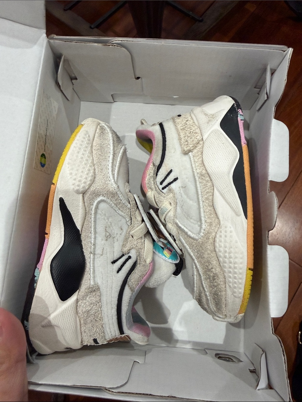 Puma Kids White Sneakers with Pink, Yellow, Orange & Black Accents